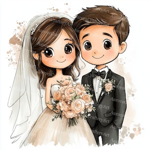 24 Cute Wedding Couple Clipart, Wedding Invitation, Bride and Groom, Printable Watercolor, High-Quality JPGs, Paper Craft, Junk Journal