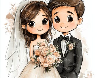 24 Cute Wedding Couple Clipart, Wedding Invitation, Bride and Groom, Printable Watercolor, High-Quality JPGs, Paper Craft, Junk Journal