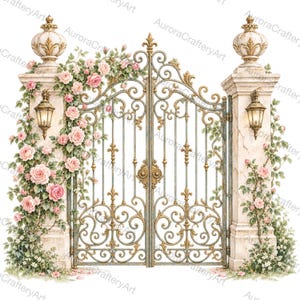 May include: A double wrought iron gate with gold-toned scrollwork details, flanked by two stone pillars topped with finials and wall-mounted lanterns. The structure is adorned with climbing vines and blooming pink roses on both sides.