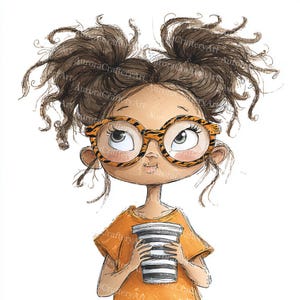 May include: Illustration of a cartoon girl with brown curly hair in pigtails, wearing orange glasses with a tiger stripe pattern and an orange shirt. She is holding a black and white striped cup. The image has a whimsical, artistic style.