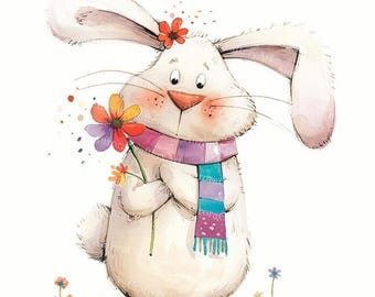 19 eigenzinnig konijntje met bloem Clipart, fantasie, grillig, aquarel JPG, Junk Journal, plakboek, kaarten maken, digitale download