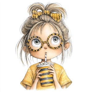 May include: Illustration of a girl with blonde hair, wearing round glasses and a bow, both with a yellow and black pattern. She is drinking from a striped cup filled with popcorn. She wears a yellow striped shirt.