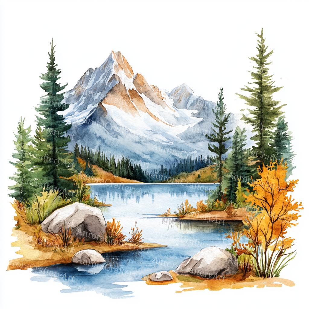 風景水彩画 24✖️27 24 Lake Landscape Clipart, Watercolor River View, Forest Landscape