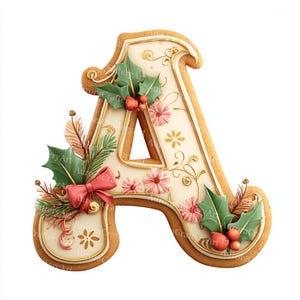 Può includere: Un biscotto di pan di zenzero a forma di lettera "A", decorato con glassa bianca, foglie di agrifoglio, bacche rosse e un fiocco rosa. Dettagli dorati e floreali arricchiscono il design festivo. Una delizia natalizia.