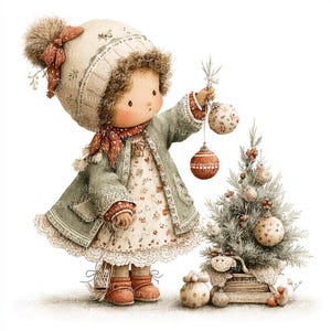 May include: Watercolor illustration of a child decorating a small Christmas tree. The child wears a winter hat, scarf, and coat in soft, muted colors. The tree is adorned with ornaments, and the overall scene evokes a cozy, festive atmosphere.