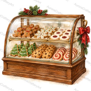 Op de afbeelding: Een houten bakkersvitrine met een gebogen glazen voorkant, gevuld met diverse kerstkoekjes, waaronder peperkoekmannetjes, sneeuwvlokkoekjes en ronde koekjes met jamvulling. Een rode strik en dennentakken versieren de zijkant en de bovenkant.