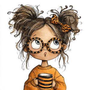 May include: Illustration of a cartoon girl with brown hair in pigtails, wearing orange and black striped glasses and a matching bow. She is holding a mug with orange and black stripes and wearing an orange sweater. Her eyes are looking upwards.