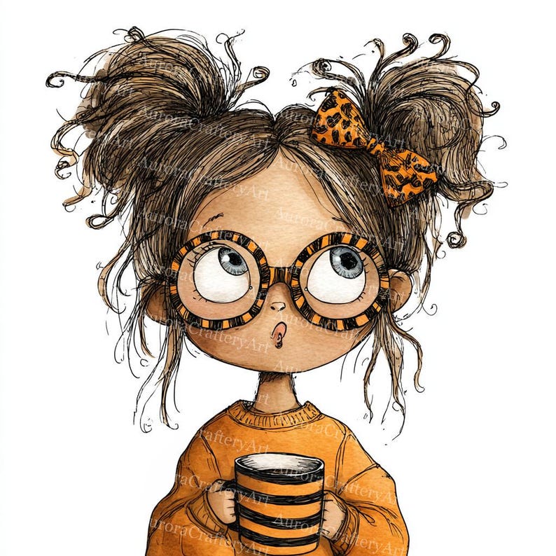 May include: Illustration of a cartoon girl with brown hair in pigtails, wearing orange and black striped glasses and a matching bow. She is holding a mug with orange and black stripes and wearing an orange sweater. Her eyes are looking upwards.