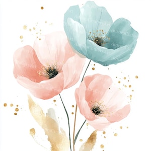 18 Pastel Palette Watercolor Floral Clipart, Blush Pink and Mint Green Flowers, Printable Watercolor, High-Quality JPG, Paper Craft