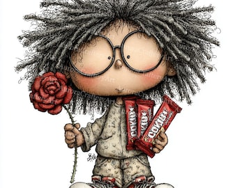 Può includere: Un'illustrazione stravagante di un personaggio dei cartoni animati con dreadlock grigi, occhiali rotondi e scarpe da ginnastica rosse. Il personaggio tiene in mano una rosa rossa e due barrette di biscotti rosse. Il personaggio indossa un abito chiaro con motivi a cuore.