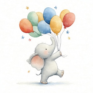 Puede incluir: Ilustración en acuarela de un elefante gris sosteniendo un montón de globos de colores. Los globos son rojos, naranjas, amarillos, azules y verdes. El elefante camina y sonríe, con pequeñas estrellas esparcidas.