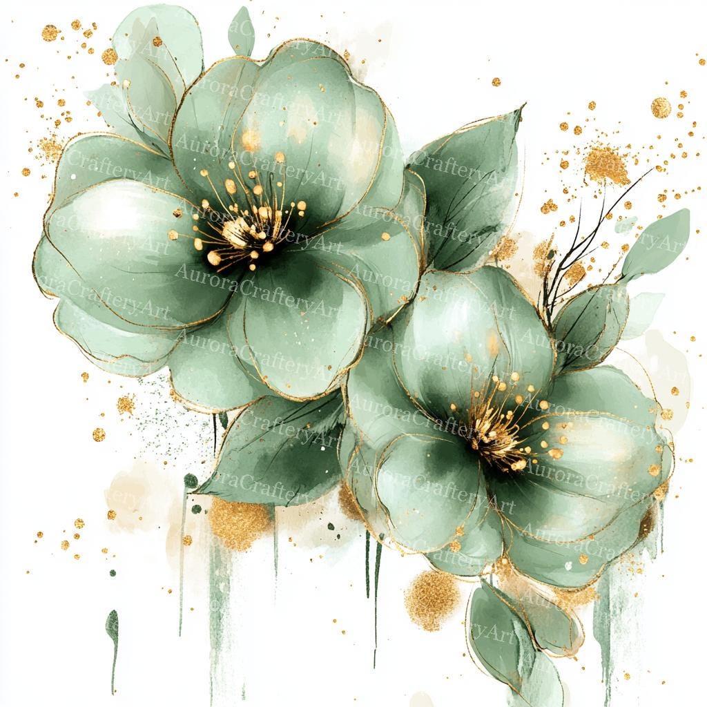 18 Abstract Green Floral Clipart, Mint Green & Gold Flowers, Card