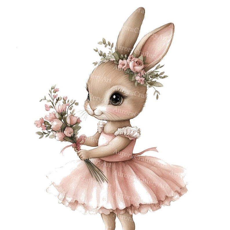 May include: A watercolor illustration of a bunny wearing a pink dress and a floral crown, holding a bouquet of pink flowers. The bunny has large, expressive eyes and a sweet expression, perfect for nursery decor or children's art.
