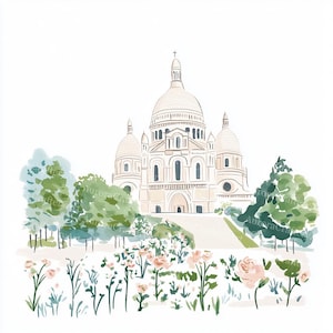 K&ouml;nnte beinhalten: Aquarellillustration der Basilika Sacr&eacute;-C&oelig;ur in Paris. Das Geb&auml;ude ist in einem weichen Beige mit einem Kuppeldach und mehreren T&uuml;rmen dargestellt. Gr&uuml;ne B&auml;ume und ein Blumengarten mit rosa Rosen befinden sich im Vordergrund.