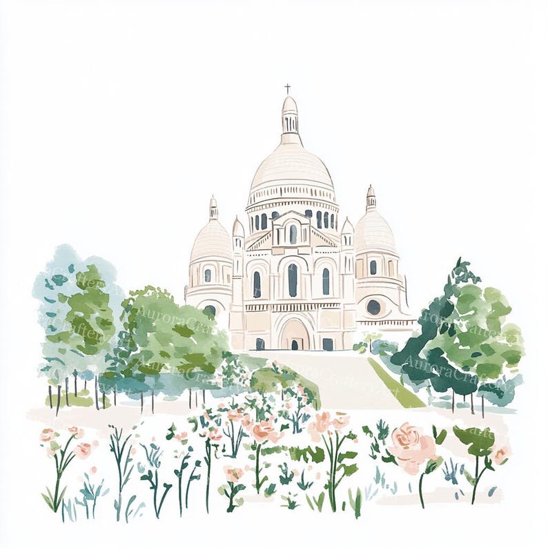 K&ouml;nnte beinhalten: Aquarellillustration der Basilika Sacr&eacute;-C&oelig;ur in Paris. Das Geb&auml;ude ist in einem weichen Beige mit einem Kuppeldach und mehreren T&uuml;rmen dargestellt. Gr&uuml;ne B&auml;ume und ein Blumengarten mit rosa Rosen befinden sich im Vordergrund.