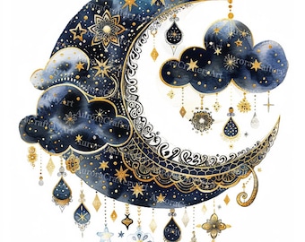 11 Celestial Moon Clipart, Printable Watercolor, High Quality JPGs, Digital download, Paper craft, Junk Journal