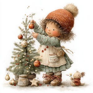 May include: A watercolor illustration of a young child decorating a small Christmas tree. The child wears a green dress, a white apron, and a brown knit hat with a pom-pom. The tree is adorned with ornaments and lights, and a small stuffed animal sits nearby.