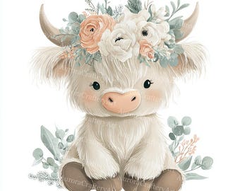 17 bloemen Highland Cow aquarel clipart: boerderij kinderkamer decor (digitale download)