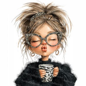 May include: Illustration of a woman with closed eyes, wearing large, patterned glasses and a matching headband. She is holding a mug with a black and white zebra print. The woman is wearing a black sweater. The image has the text "Aurora Craftery Art".