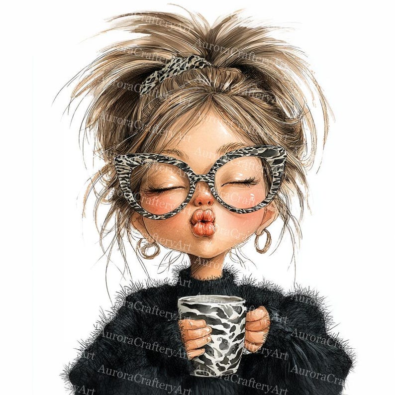 May include: Illustration of a woman with closed eyes, wearing large, patterned glasses and a matching headband. She is holding a mug with a black and white zebra print. The woman is wearing a black sweater. The image has the text "Aurora Craftery Art".