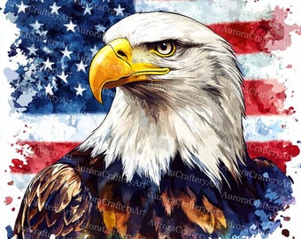 17 Patriotic Bald Eagle Clipart, USA Flag, Printable Watercolor, High Quality JPGs, Paper Craft, Junk Journal, Instant Download