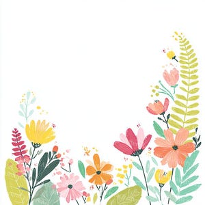 May include: A vibrant floral illustration featuring a variety of colorful flowers and green foliage. The flowers include yellow, pink, and orange blooms, with detailed leaves and stems. The artwork is set against a white background.