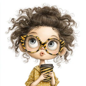 May include: Illustration of a girl with curly brown hair, wearing large, patterned glasses and a yellow polka dot shirt. She holds a coffee cup with a black and yellow striped design. The image has a whimsical, cartoon style.