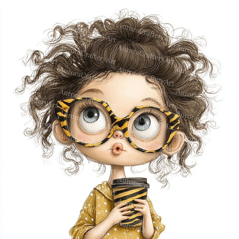 May include: Illustration of a girl with curly brown hair, wearing large, patterned glasses and a yellow polka dot shirt. She holds a coffee cup with a black and yellow striped design. The image has a whimsical, cartoon style.