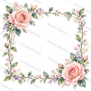 May include: A square floral frame featuring watercolor illustrations of large pale pink roses, small light pink blossoms, tiny purple flowers, and green leaves on thin brown stems. The design is arranged in a border with an open center.