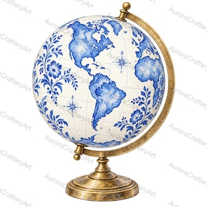 Puede incluir: Un globo terráqueo decorativo con una esfera blanca que presenta continentes y motivos florales en estilo acuarela azul. El globo está montado sobre un soporte metálico de color latón antiguo con una base circular y un arco meridiano curvo.