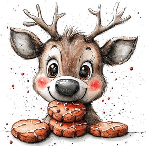 May include: Watercolor illustration of a cartoon reindeer with large eyes, rosy cheeks, and antlers. The reindeer is holding a stack of gingerbread cookies with white icing. The image has a whimsical, festive theme with a white background and red speckles.
