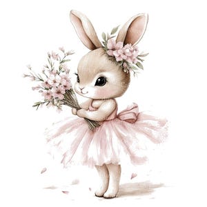 May include: A charming illustration of a bunny wearing a pink tutu and holding a bouquet of pink flowers. The bunny has a floral crown and is standing on a white background. The artwork has a soft, watercolor style.