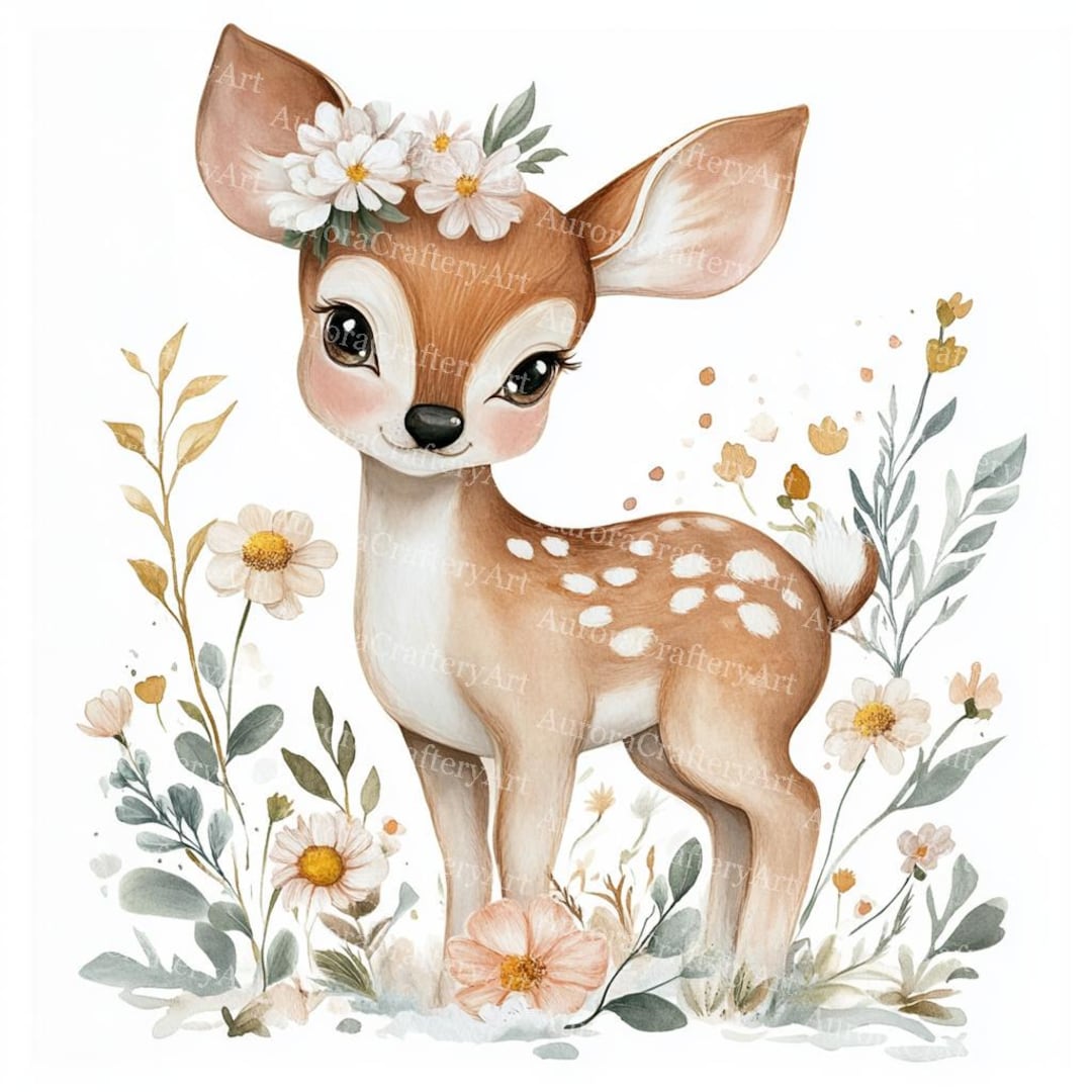 35 Watercolor Deer Clipart: Fawn With Flowers, Nursery Art (JPG Digital ...
