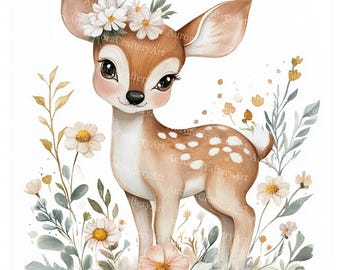 35 Watercolor Deer Clipart: Fawn with Flowers, Nursery Art (JPG Digital Download)