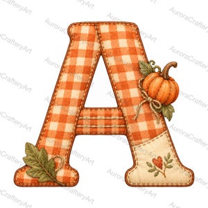 26 Kürbis-Alphabet-Cliparts im Herbststil, karierte Patchwork-Buchstaben