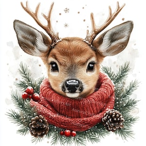 17 Cute Christmas Deer Clipart, Christmas Fawn, Cute Deer Nursery, Printable Watercolor, High Quality JPGs, Paper Craft, Junk Journal