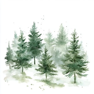 22 Christmas Trees Clipart, Christmas Landscape, Printable Watercolor, High Quality JPGs, Paper Craft, Junk Journal, Digital Download