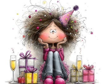 May include: A cartoon illustration of a character with brown hair wearing a pink party hat, resting their chin on their hands. The image has a celebratory theme, with gifts, champagne flutes, and confetti. The character is wearing a pink sweater, grey trousers, and pink shoes.