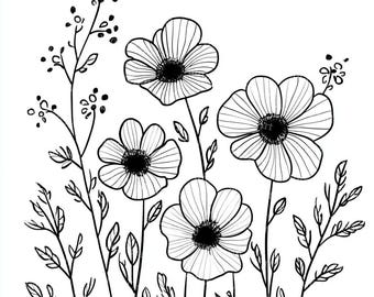 17 Sketch Flower Clipart, Botanical JPGs, Wildflower Sketch, Minimalist Flower Bouquet, High-Quality JPGs, Paper Ccraft, Junk Journal