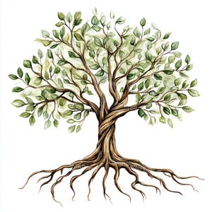 May include: Watercolor illustration of a tree with a twisted trunk and sprawling roots. The tree features lush green leaves and brown branches, set against a white background. The artwork evokes a sense of nature and growth.