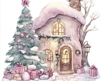May include: Watercolor illustration of a snow-covered cottage and Christmas tree. The cottage has arched windows, a wreath on the door, and a chimney. A decorated Christmas tree stands beside the cottage, surrounded by wrapped gifts in shades of pink and gold.