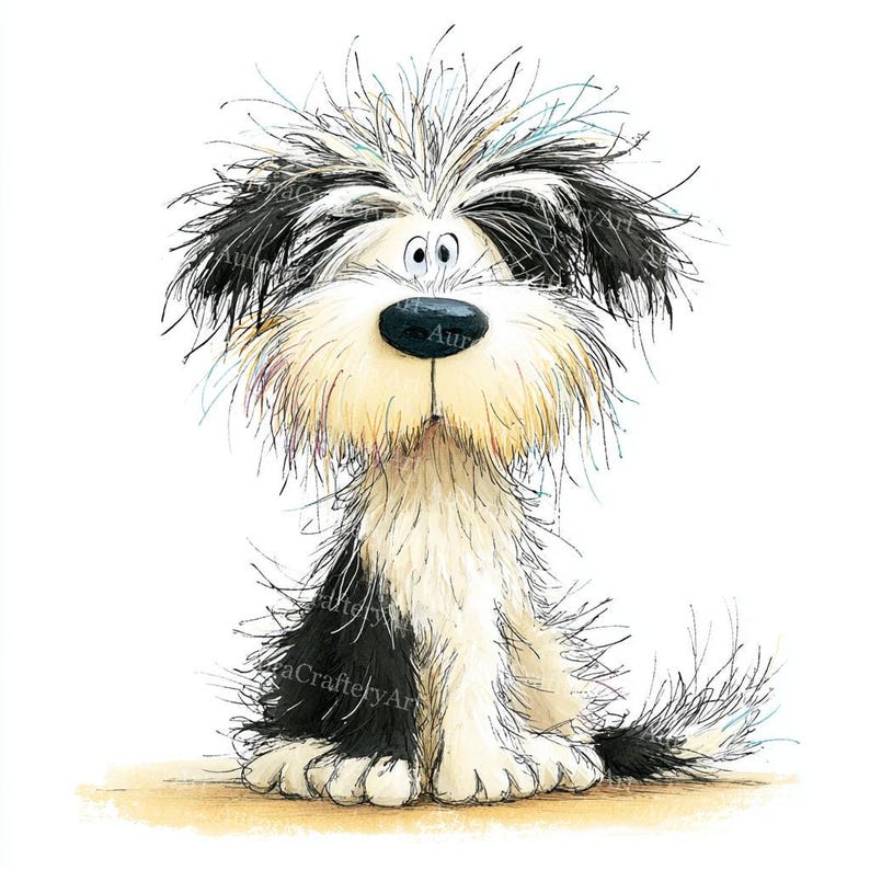 May include: A cartoon-style illustration of a shaggy dog with a black and white coat, large nose, and expressive eyes. The dog is sitting, with a fluffy, light-colored beard and a playful, cartoonish style. The artwork has a hand-drawn feel.