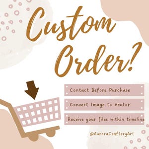 May include: A graphic with the words "Custom Order?" in brown script. Below are three pink rectangles with text: "Contact Before Purchase," "Convert Image to Vector," and "Receive your files within timeline." A shopping cart and arrow are also present.