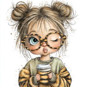 May include: Watercolor illustration of a girl winking, wearing large, round, tiger-striped glasses. She has two buns and is holding a coffee cup. Her sweater has tiger stripes on the sleeves. The image has a whimsical, cartoonish style.
