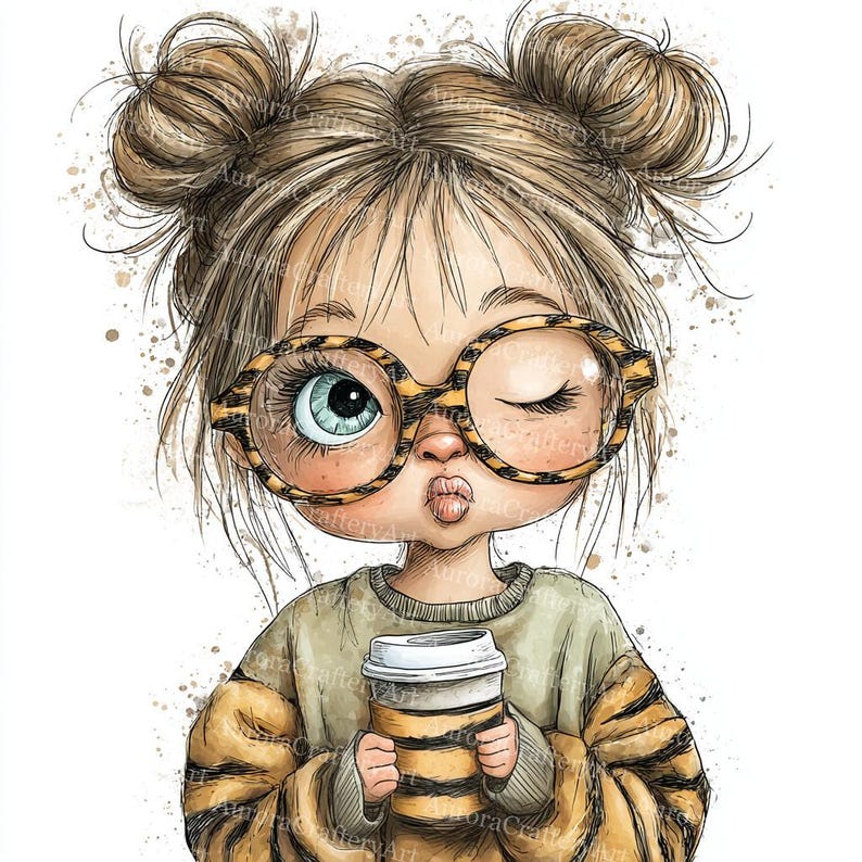 May include: Watercolor illustration of a girl winking, wearing large, round, tiger-striped glasses. She has two buns and is holding a coffee cup. Her sweater has tiger stripes on the sleeves. The image has a whimsical, cartoonish style.