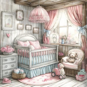 20 Shabby Chic Baby&#39;s Bedroom Clipart, Fantasy, Whimsical, Card Making, Printable Watercolor, High-Quality JPG, Paper Craft, Junk Journal