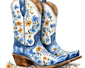 20 Floral Cowgirl Boots Clipart, Colorful Cowboy Boots, Printable Watercolor, High-Quality JPGs, Paper Craft, Junk Journal, Digital Download