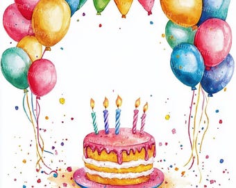 22 Birthday Frame Clipart: Watercolor Balloons, Celebration Design (JPG Digital Download)