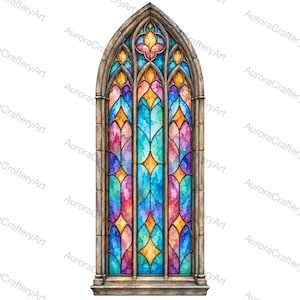 May include: A tall, arched stained glass window featuring a stone frame and a repeating geometric pattern. The glass panels display a vibrant watercolor-style blend of blue, teal, purple, pink, and yellow hues, creating a colorful light effect.