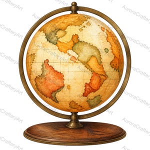 May include: A vintage-style globe featuring a spherical map with muted orange, yellow, and green landmasses on a cream background. The globe is mounted within a circular bronze-toned metal frame and rests on a circular dark brown wooden base.